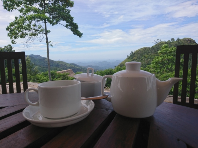 Enjoying a cup of tea in cafe 98 acres, Ella, Sri Lanka